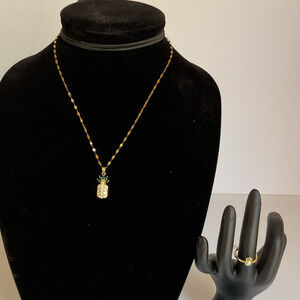 Pineapple Necklace & Ring Set Sparkling Rhinestones Fashion Jewelry Gold-Plated